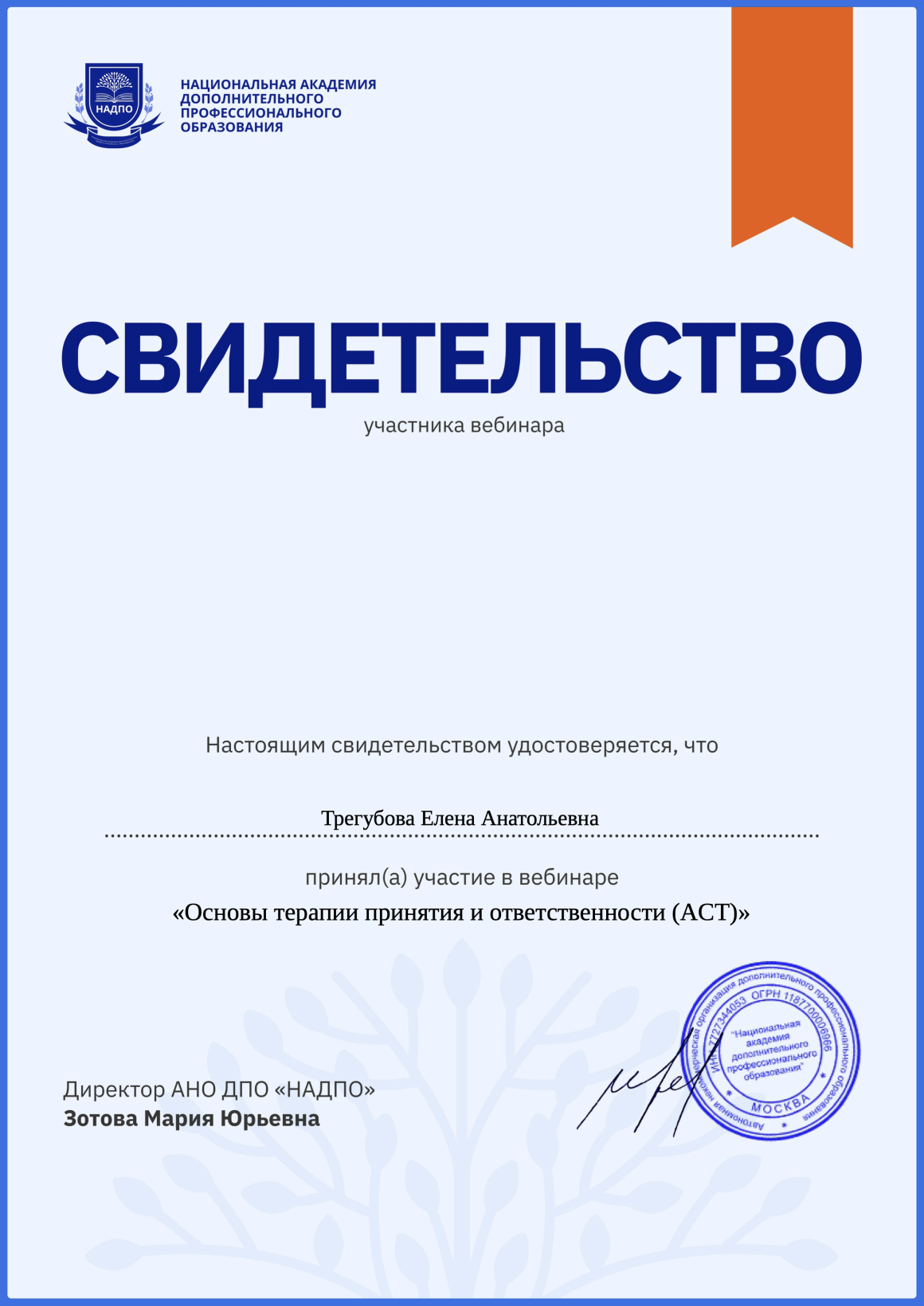 Свидетельство участника вебинара «Основы терапии принятия и ответственности (ACT)»